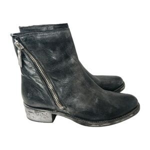 Frye Black Leather Moto Boots with Side Zipper